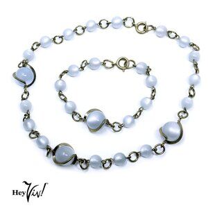 Vintage Necklace & Bracelet Set Glowing Blue Beads w Metal Swirl - Hey Viv